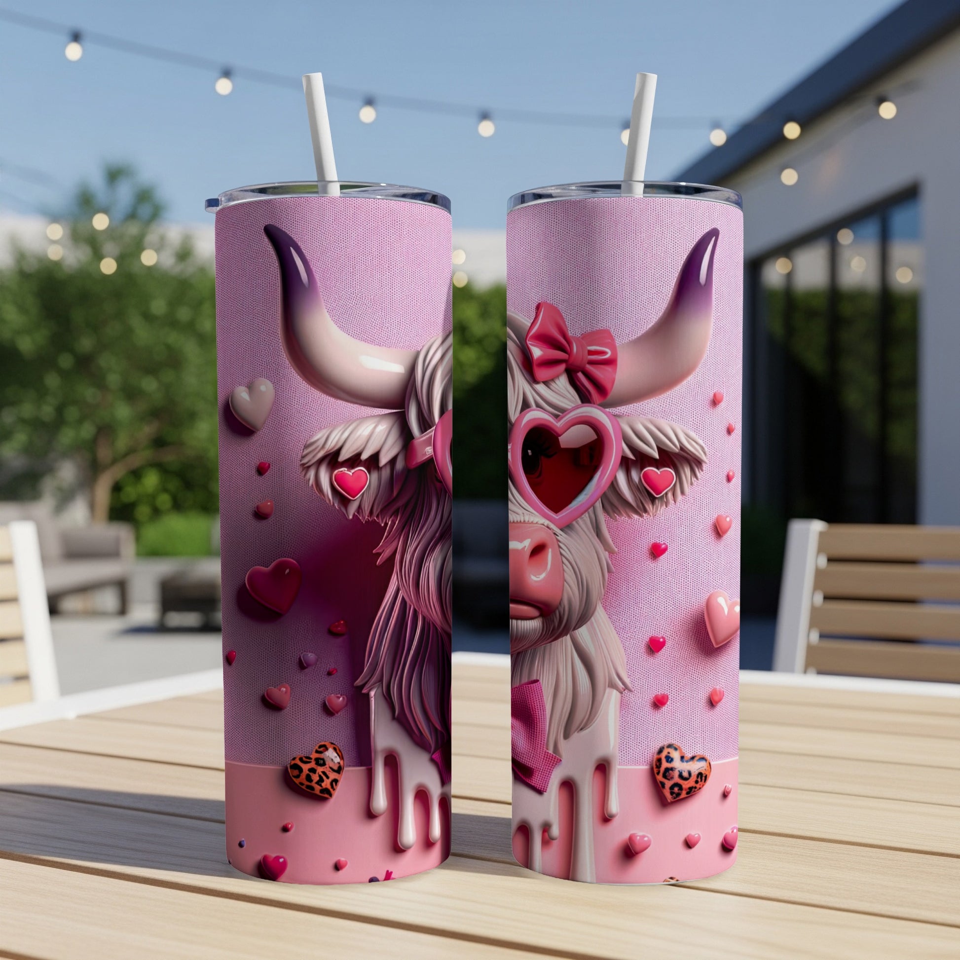 Pink Highland cow tumbler with heart details and bow.