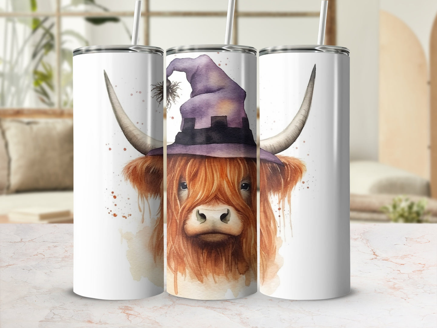 Highland cow with purple witch hat, watercolor art, on a white tumbler.