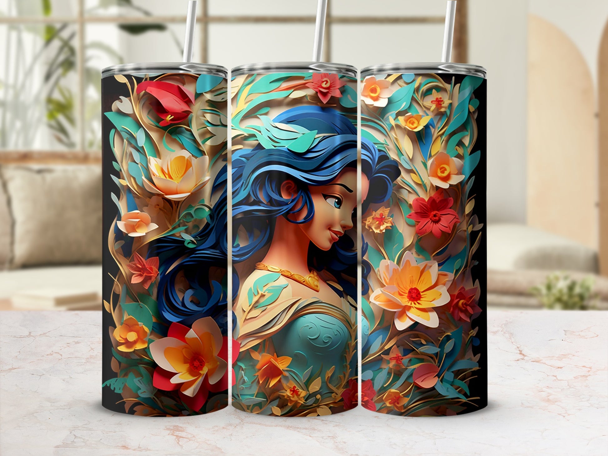 Vibrant Floral Illustrated Character Design Tumbler