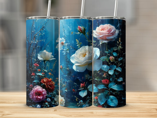 Floral design with white and pink roses against a dark blue background.