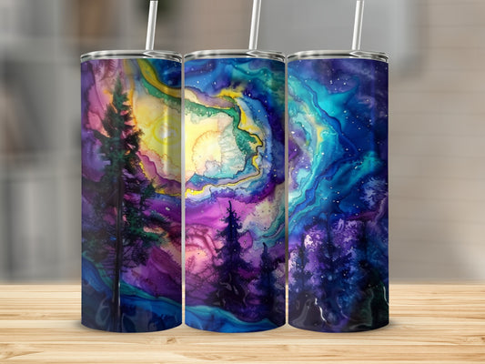 Three tumblers with swirling galaxy and tree designs.