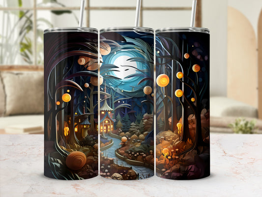 Fantasy forest with glowing lanterns, pathway, and moonlit sky.