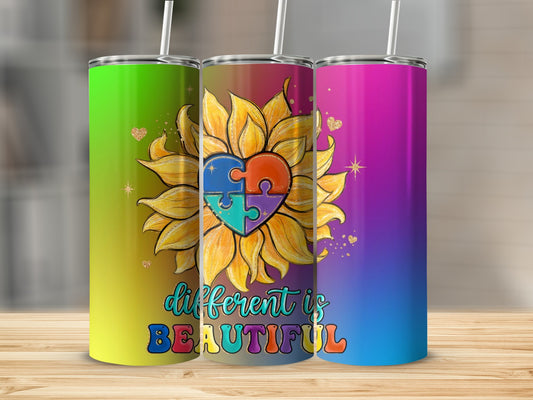 Different is Beautiful Sunflower Autism Awareness Tumbler