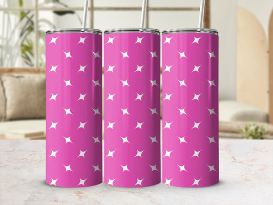 Pink tumbler with white stars pattern.