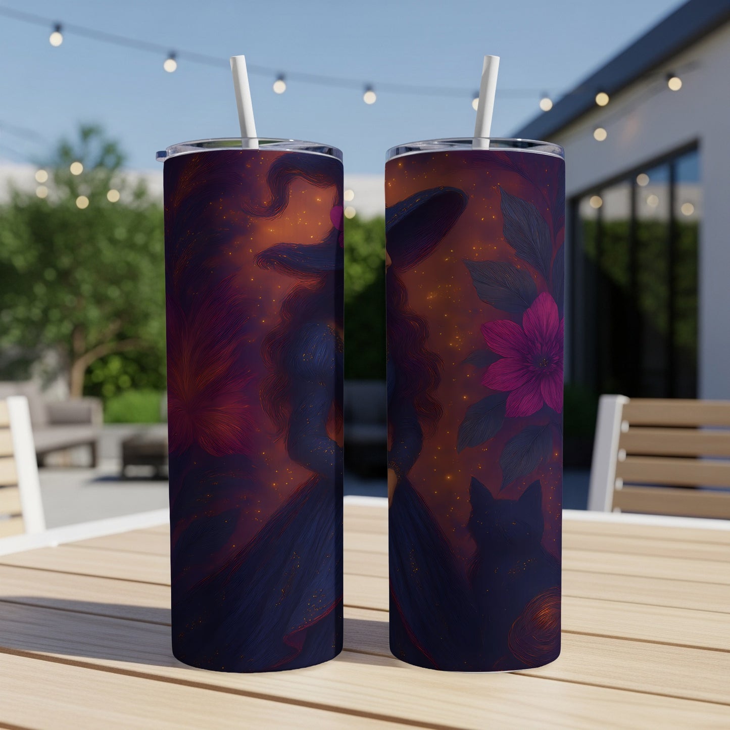 Two tumblers with a dark, mystical witch and cat design, surrounded by stars and flowers.