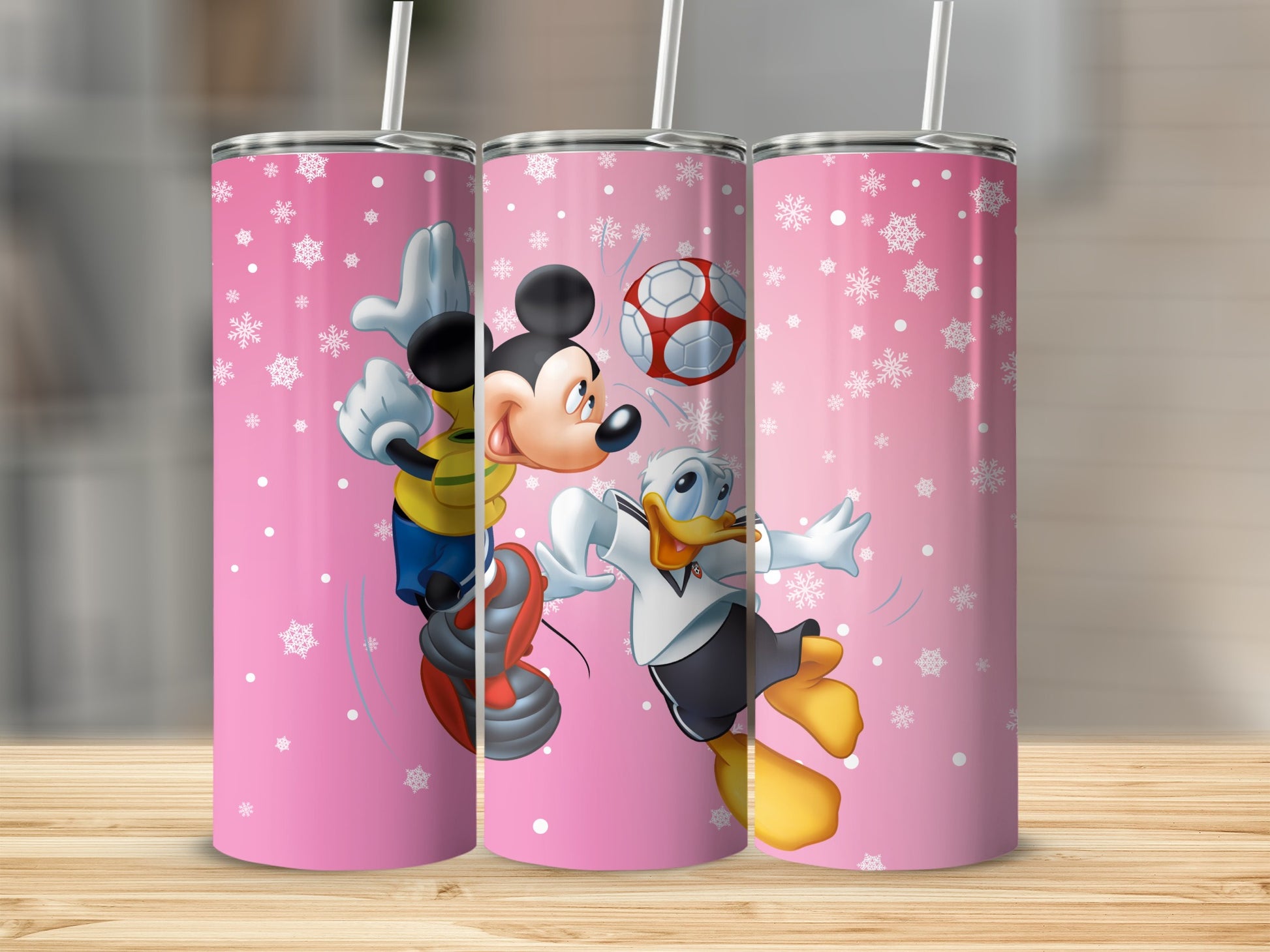 Mickey and Donald Soccer Tumbler with Pink Snowflake Design