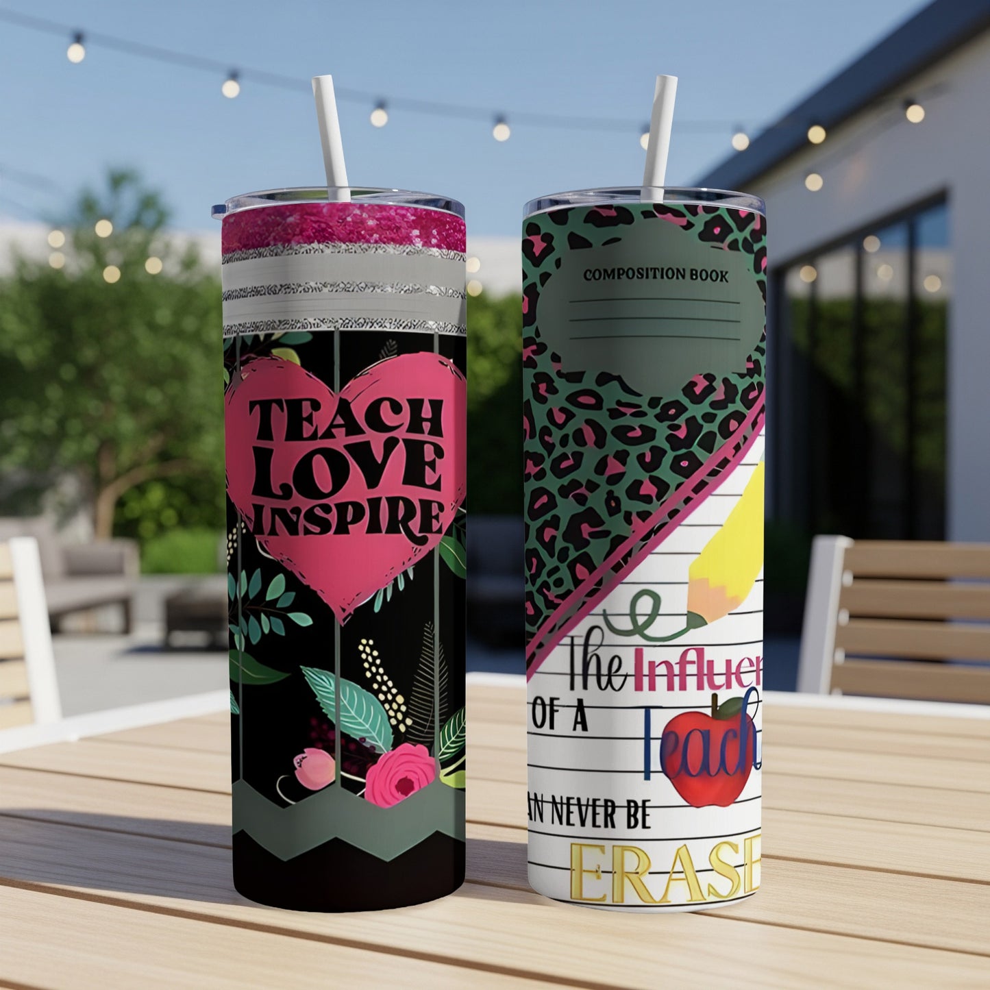 Two tumblers, one with "Teach Love Inspire" heart, the other with teacher-themed design.