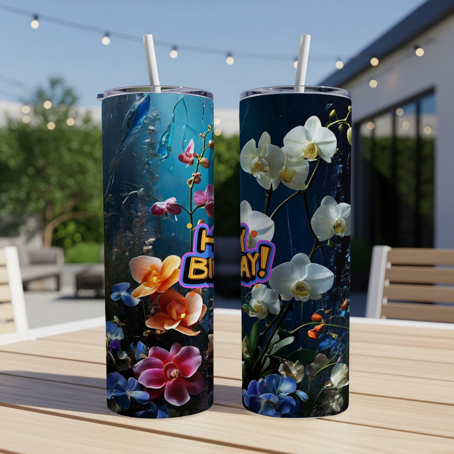 Two tall tumblers with floral designs, one saying "Happy Birthday!".
