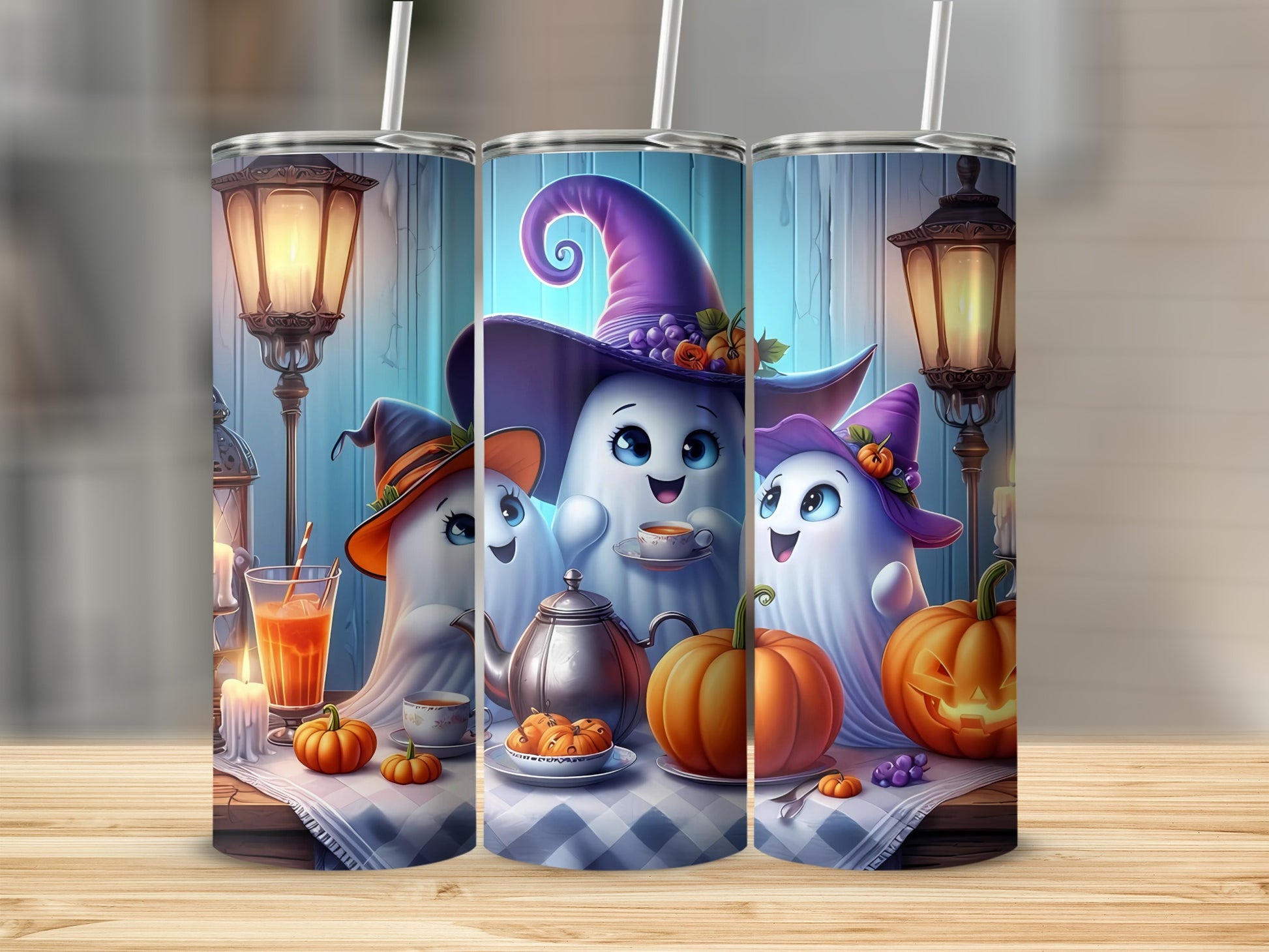 Three tumblers with Halloween ghosts, pumpkins, and tea set illustrations.