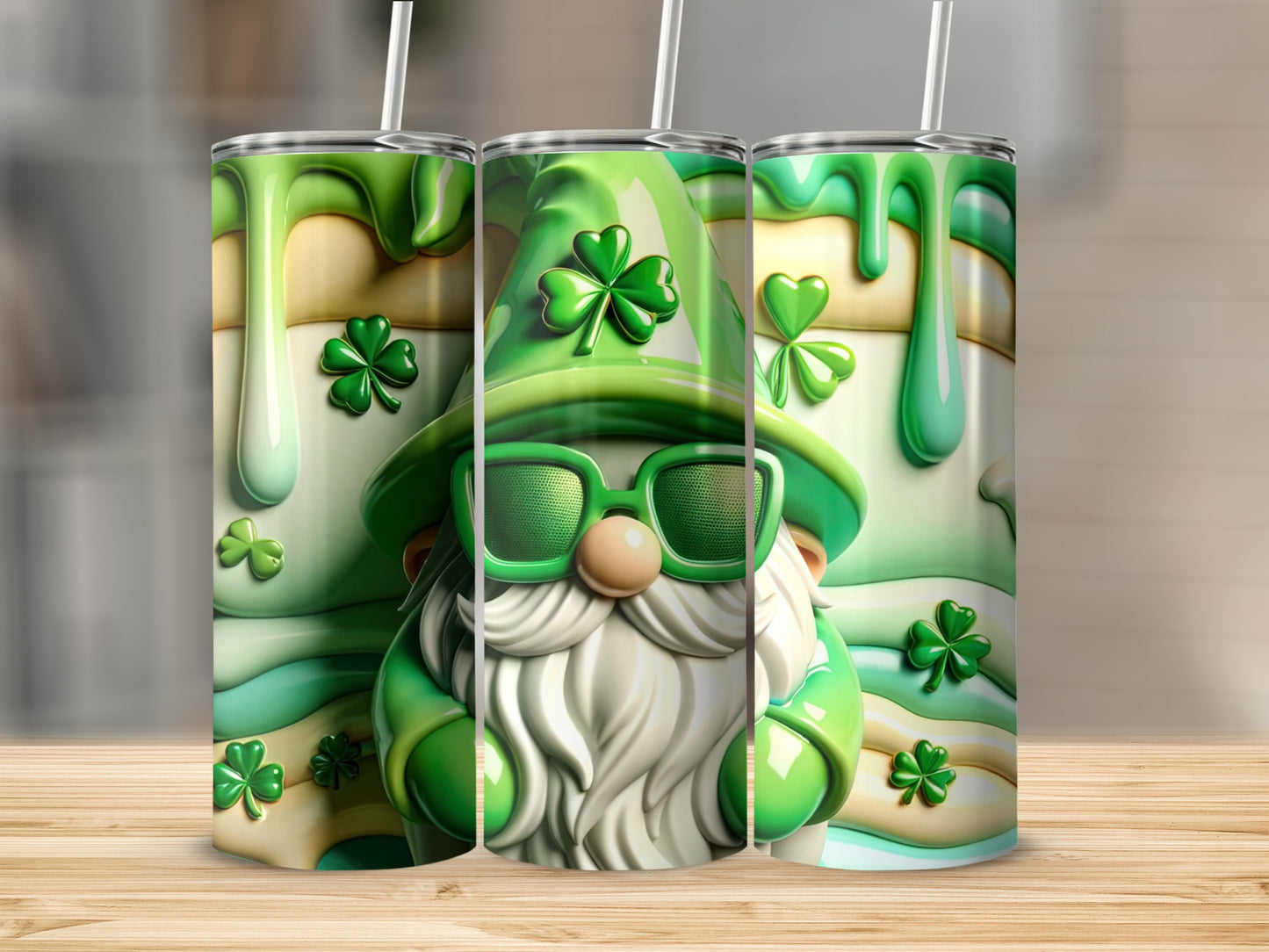 Green gnome with sunglasses and shamrocks on St. Patrick's Day tumbler.