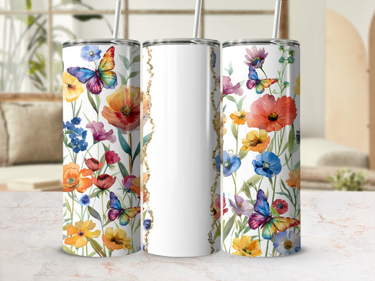 Tall tumbler with colorful butterflies and floral pattern.