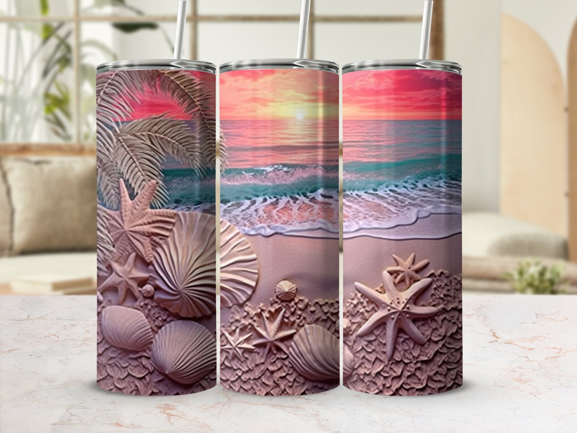 Beach sunset scene with palm leaves, seashells, and starfish on a tumbler.