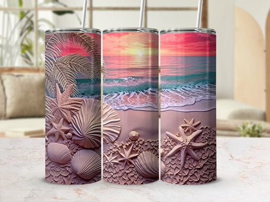 Beach sunset scene with palm leaves, seashells, and starfish on a tumbler.