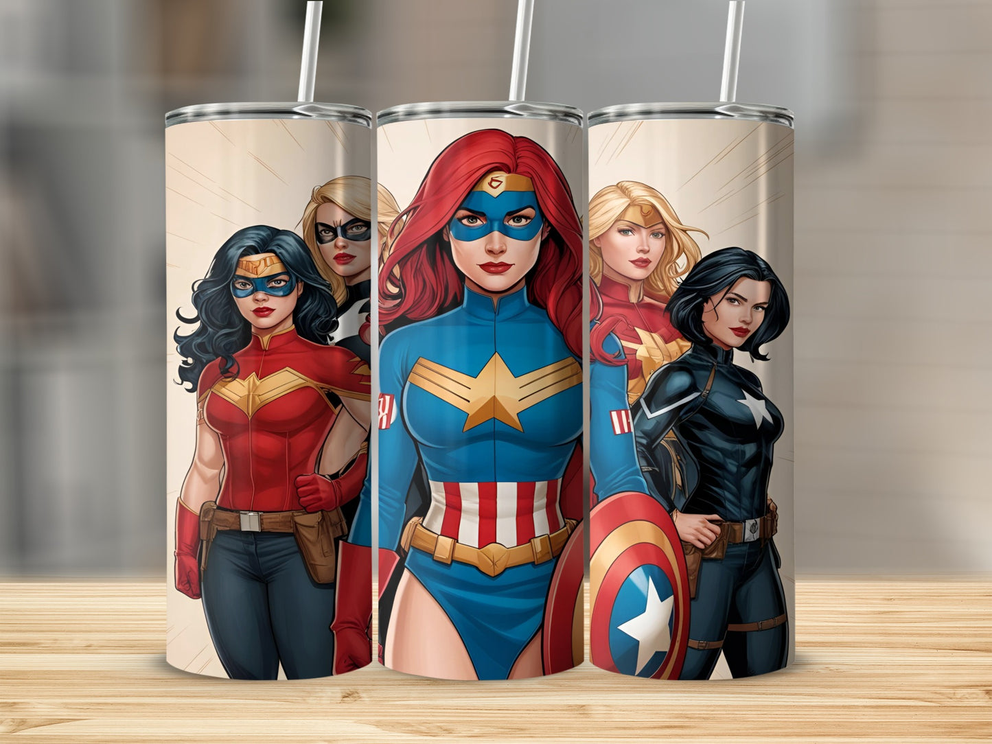 Four female superheroes, Captain America, Wonder Woman, and two others.