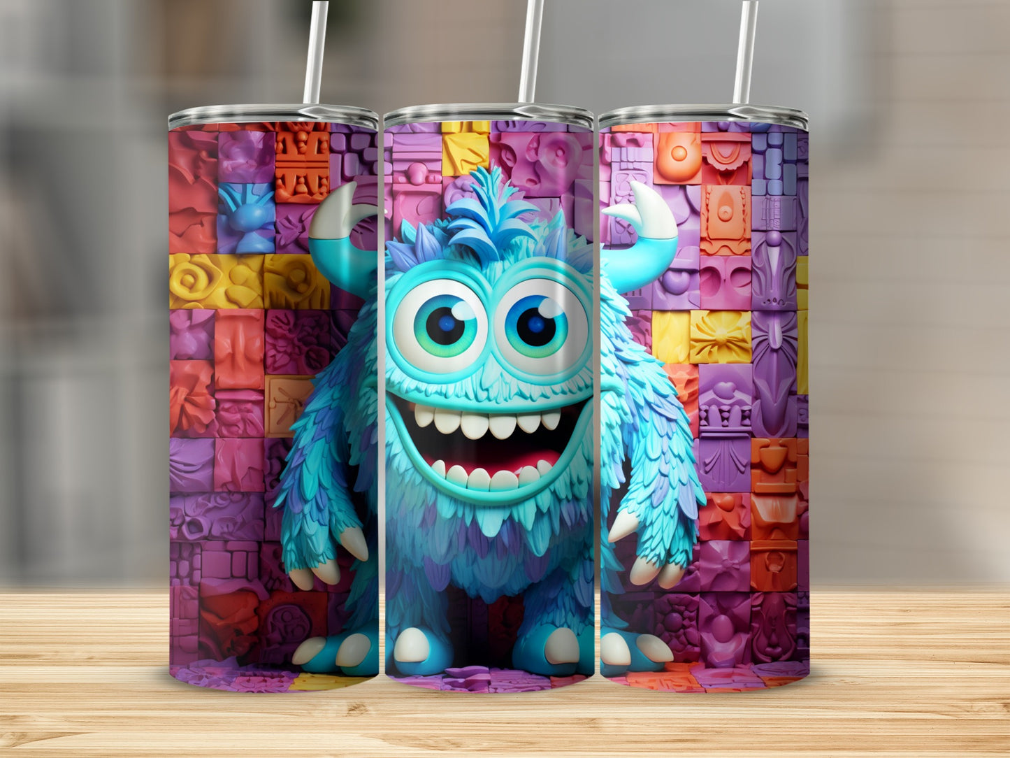 Colorful Monster Tumbler with Fun Puzzle Background