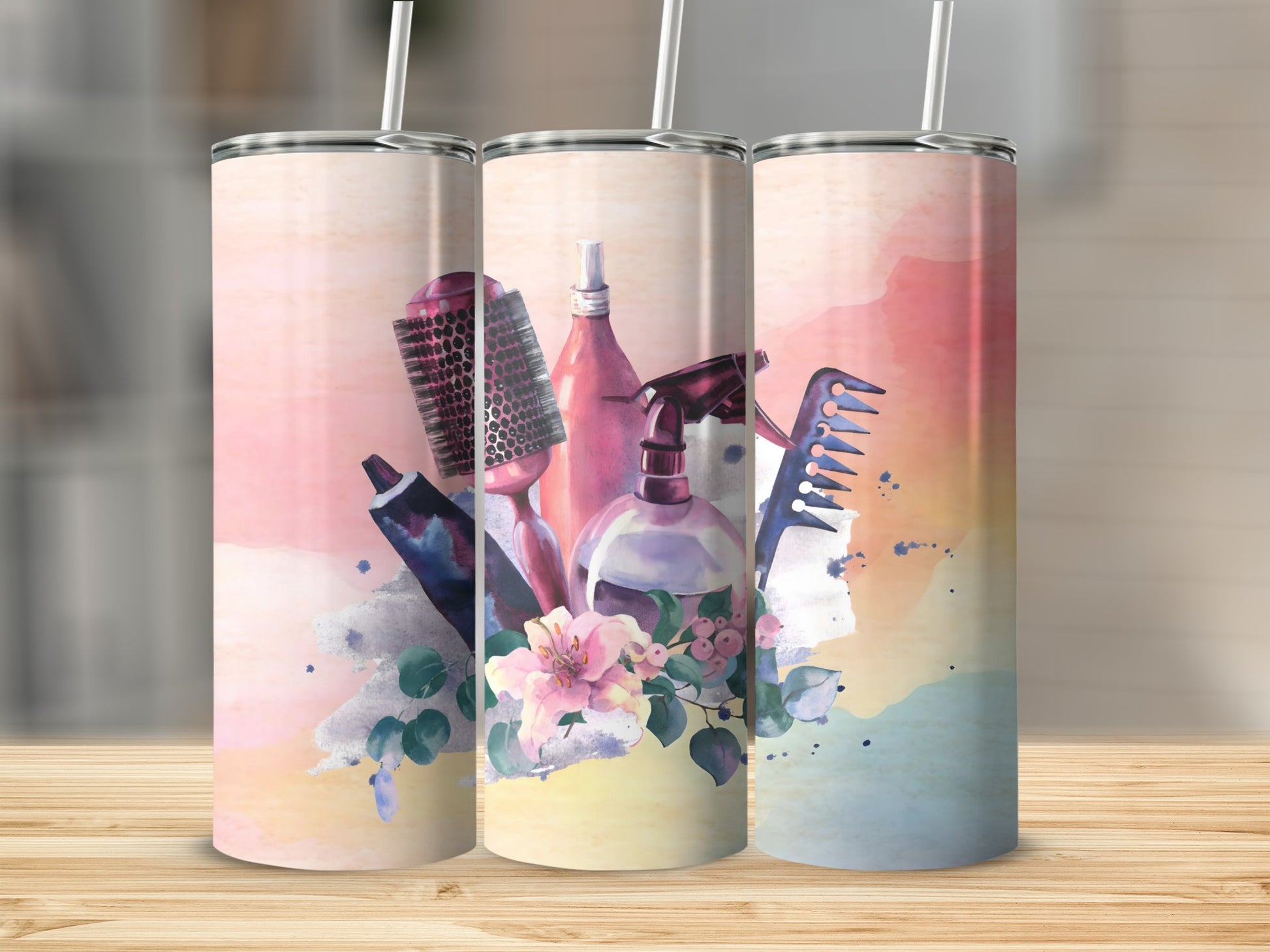 Colorful Hair Styling Tools and Flowers Design Tumbler