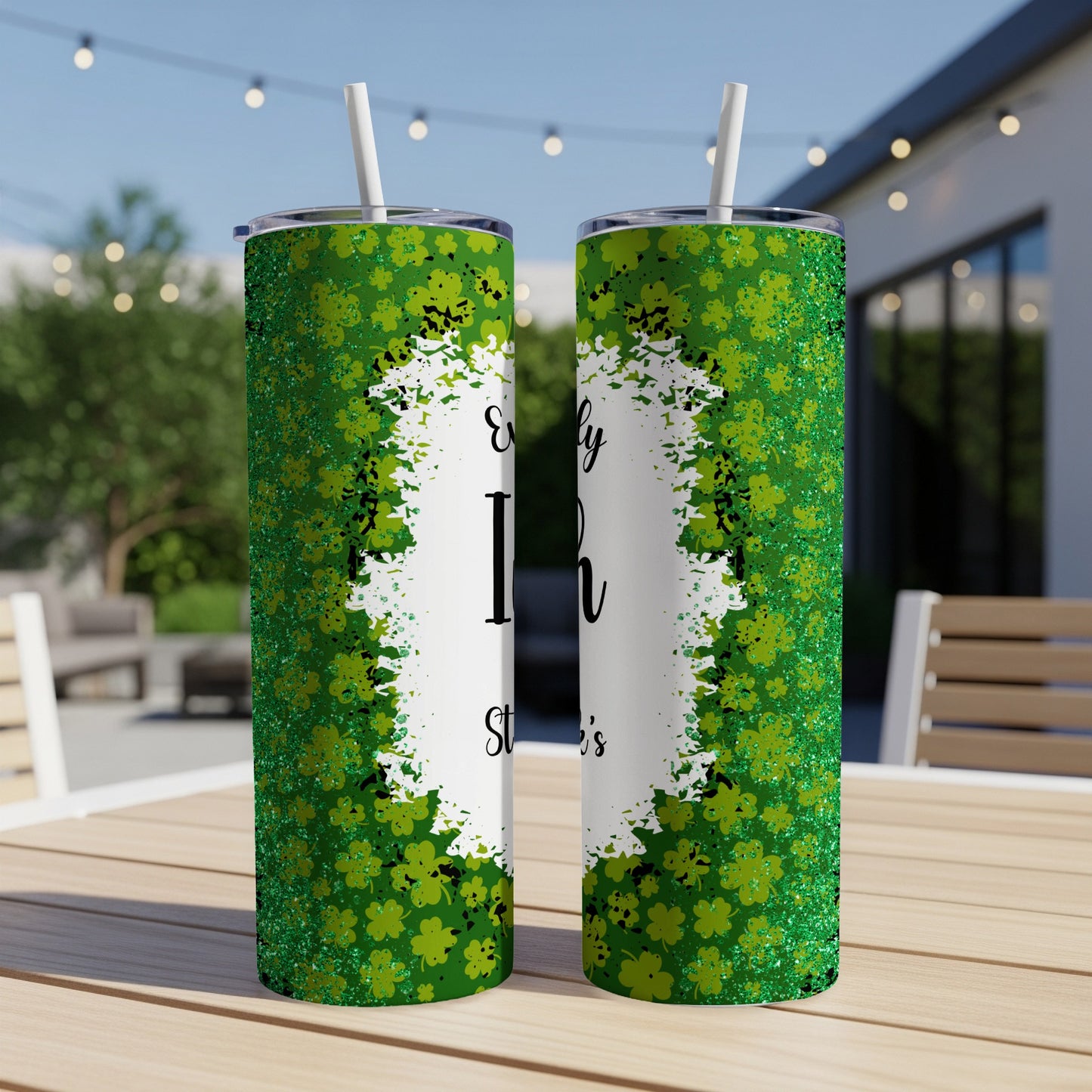 Two green glitter tumblers with "Every Irish Step's" text on a wooden table.