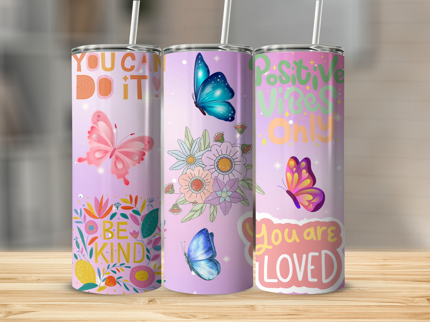 Colorful Butterfly and Motivational Quote Tumblers