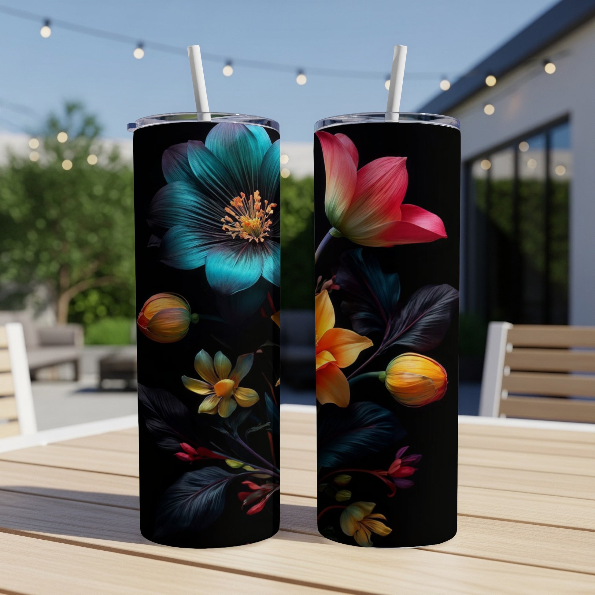 Two tumblers with dark floral designs featuring teal, pink, and orange flowers.