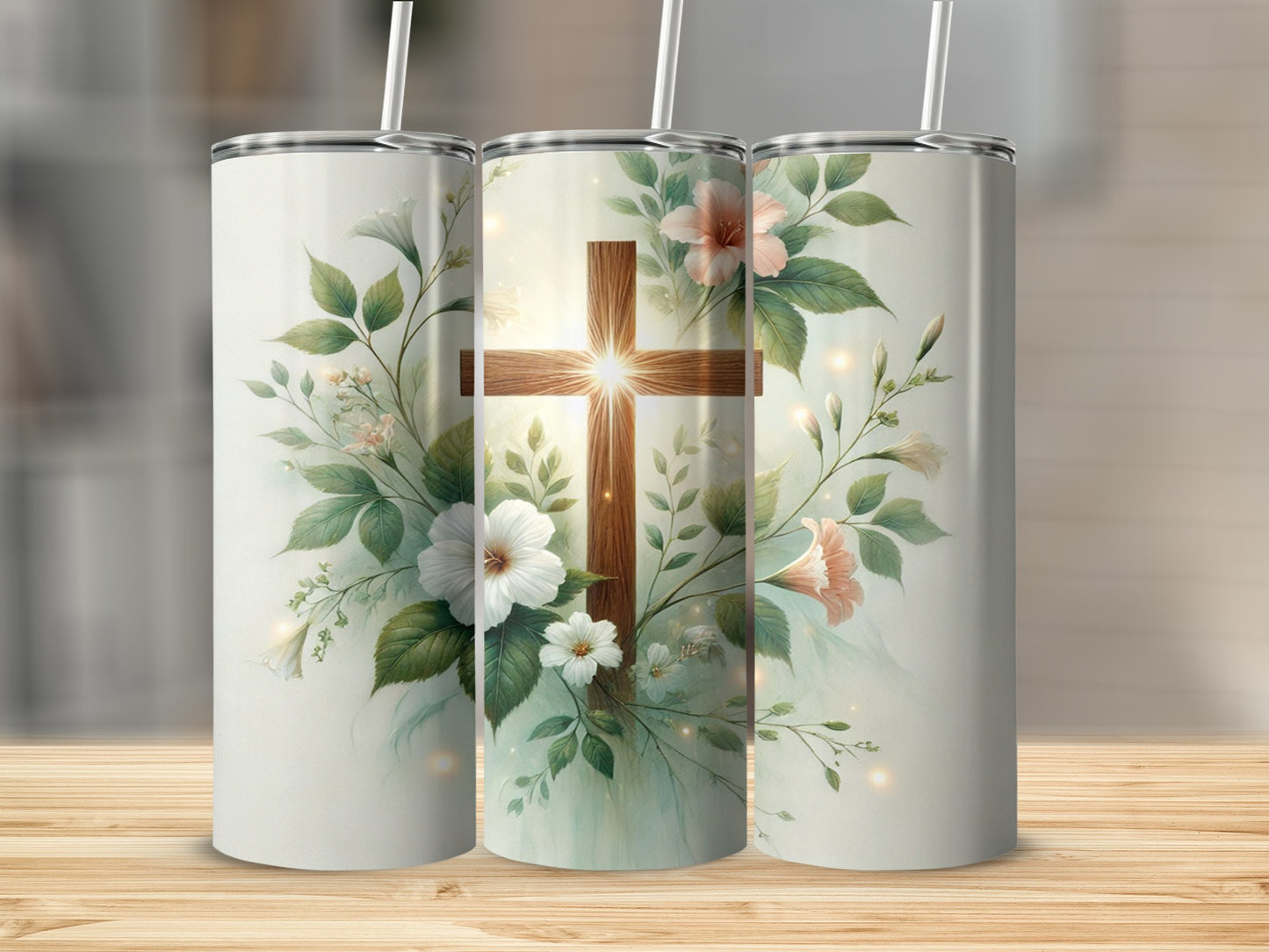 Floral and Cross Design Insulated Tumbler with Straw