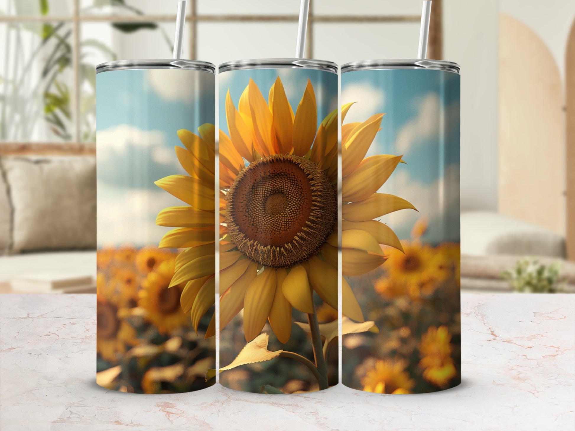 Three tumblers featuring a close-up of a sunflower in a field.
