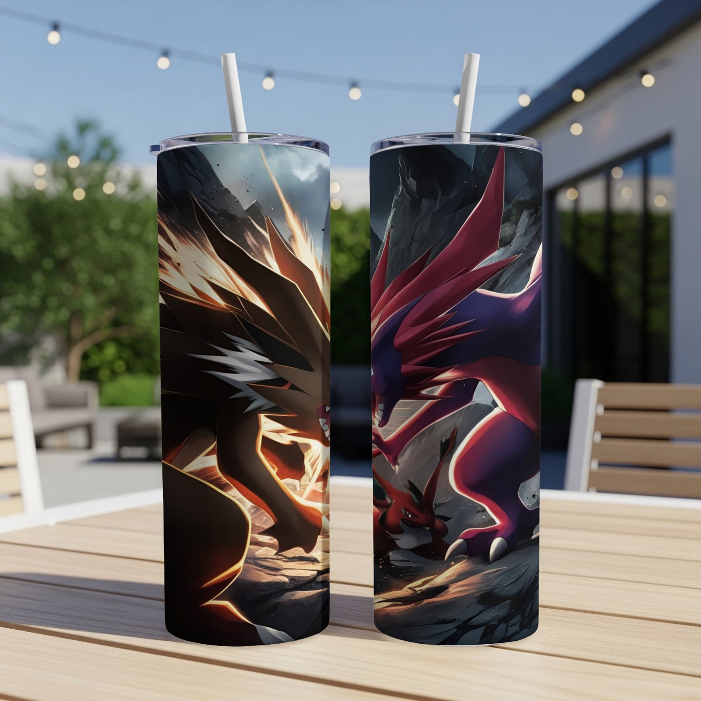 Two Pokémon characters, Incineroar and Iron Valiant, on a patterned tumbler.