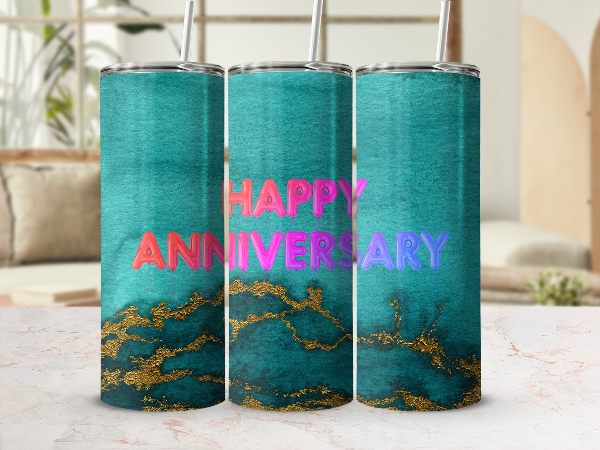 Turquoise tumbler with "Happy Anniversary" in colorful text and gold marble accents.