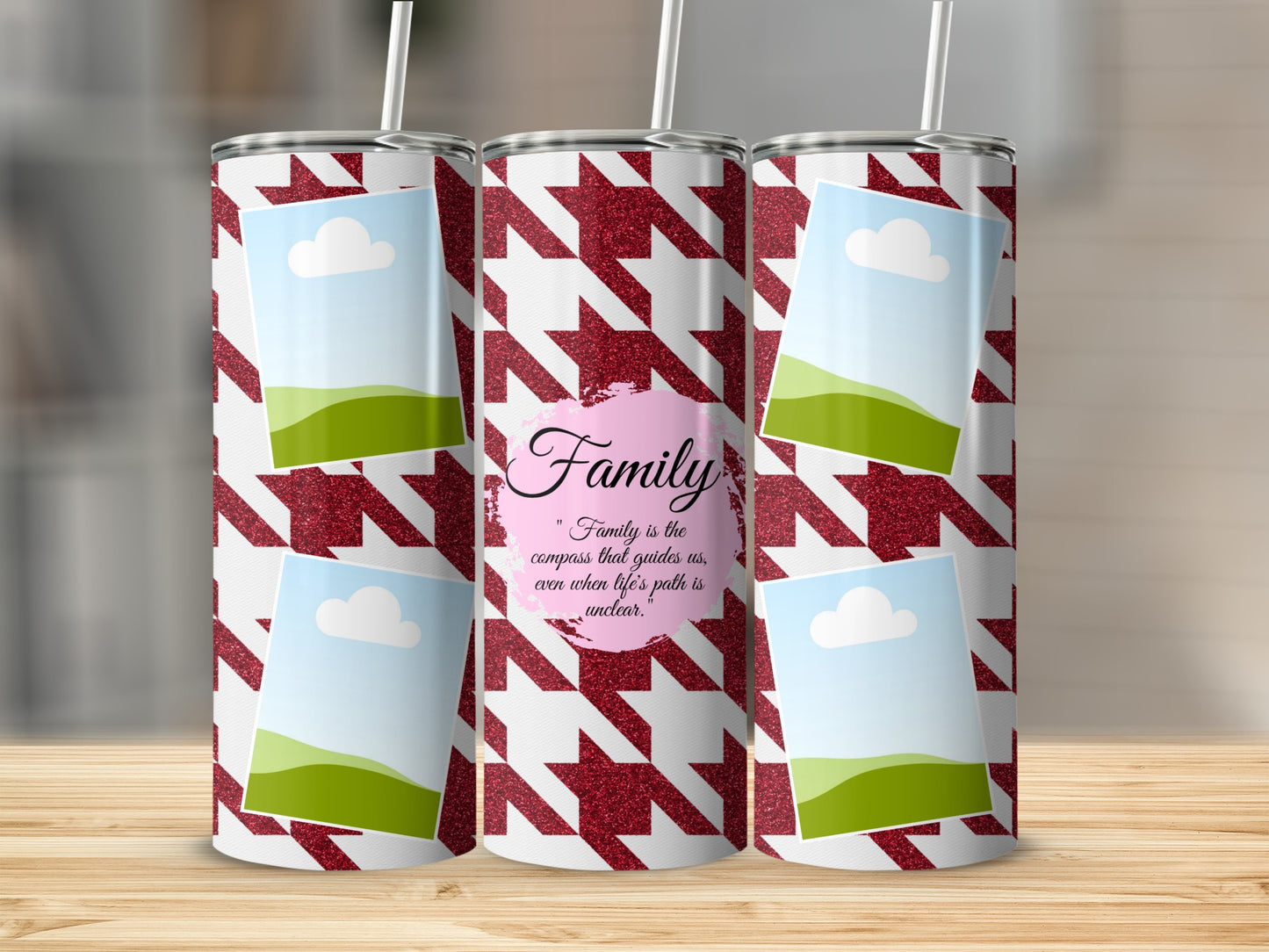 Three tumblers with a houndstooth pattern and photo frames, featuring the word "Family".
