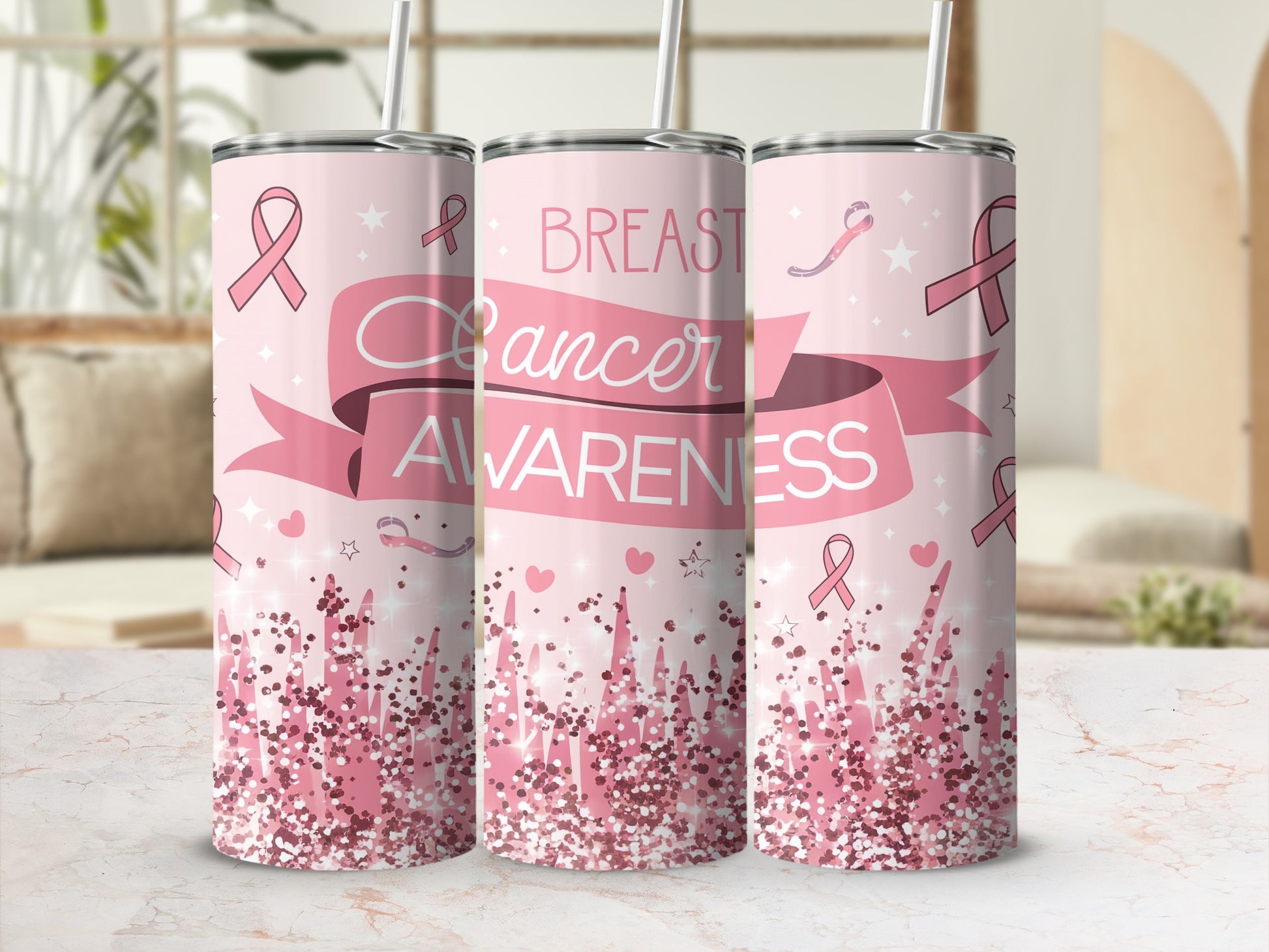 Pink breast cancer awareness ribbon tumbler with glitter and hearts.
