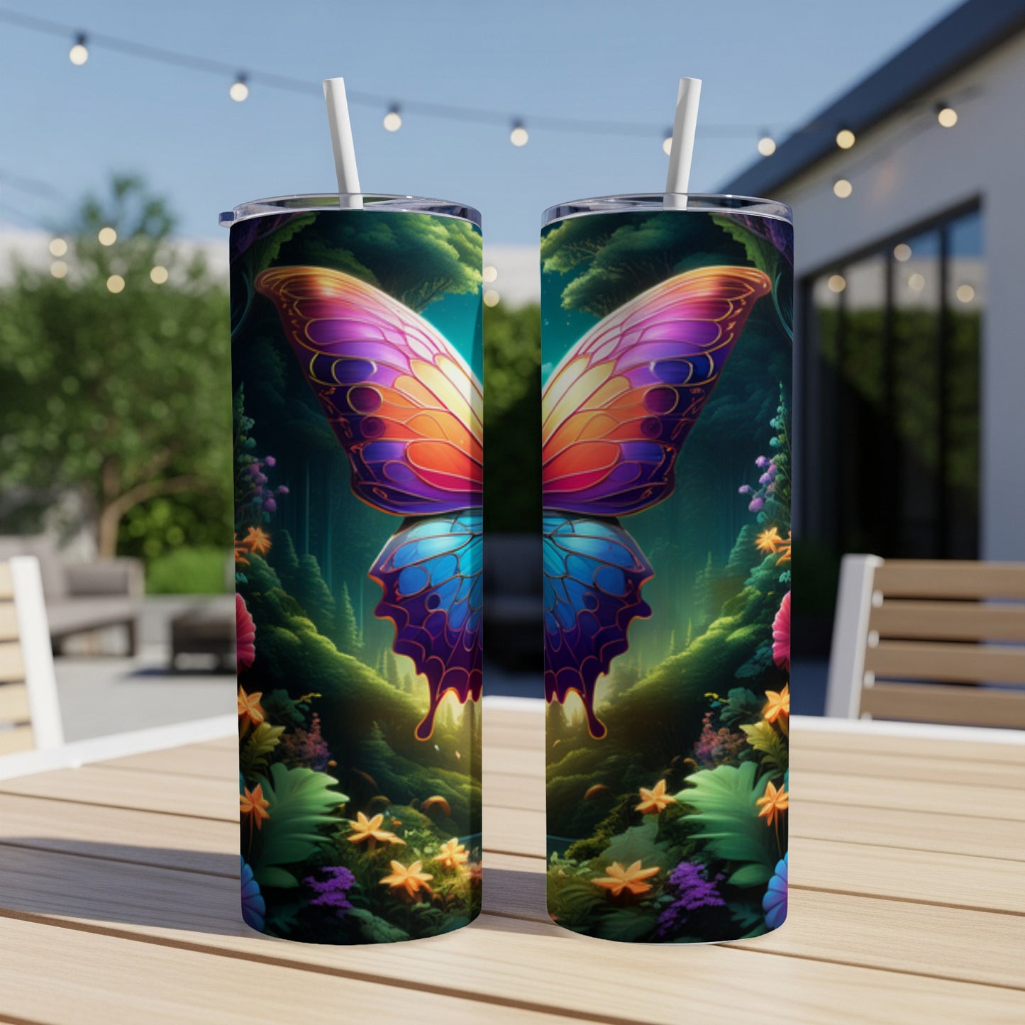 Two tall tumblers with a colorful butterfly design on a wooden table.