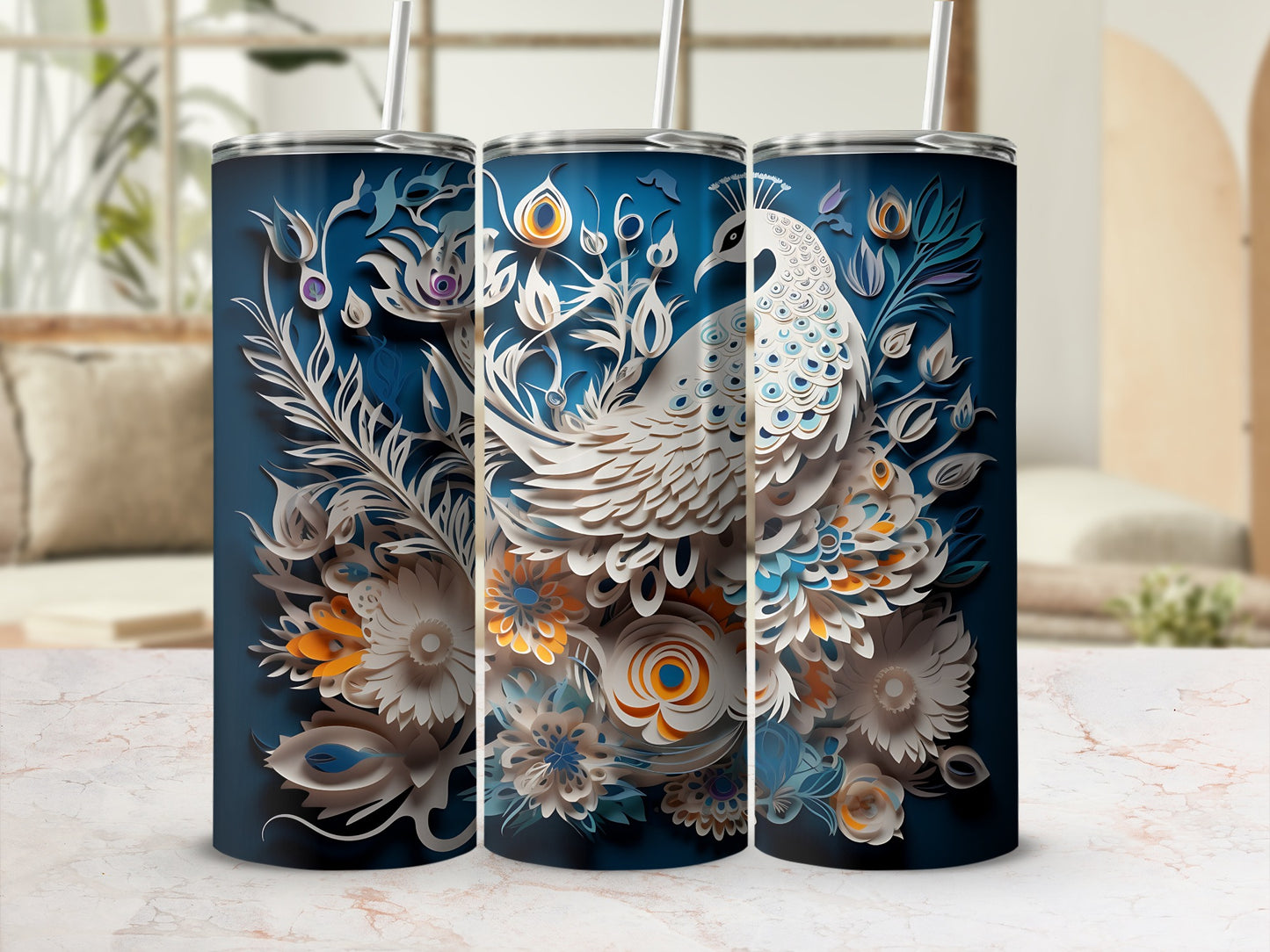 Dark blue tumbler with intricate white and orange peacock floral design.