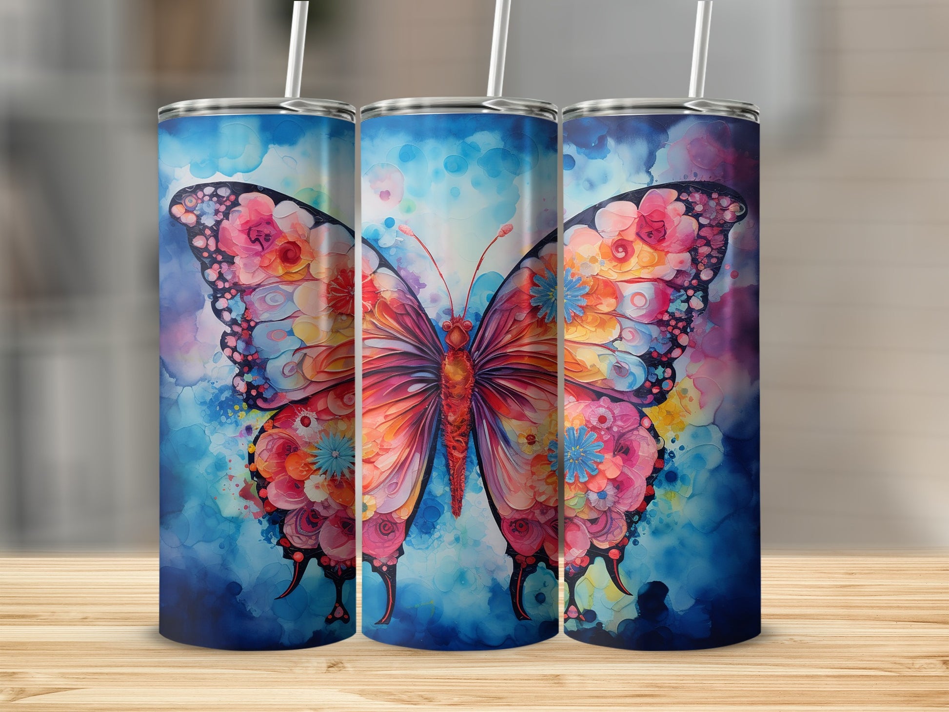 Colorful Floral Butterfly Design Insulated Tumbler