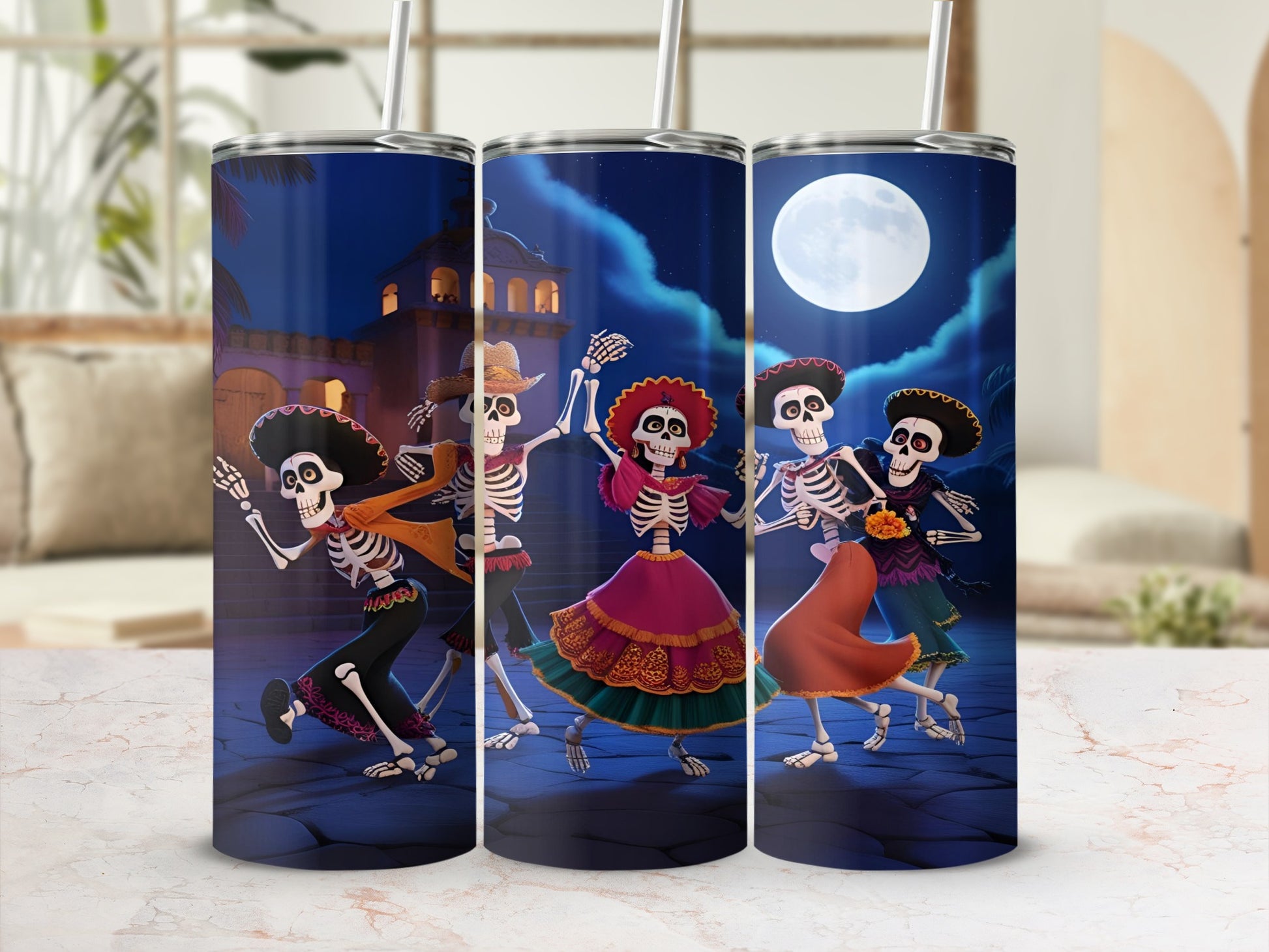 Three skeletons in colorful Dia de los Muertos attire dance under a full moon.