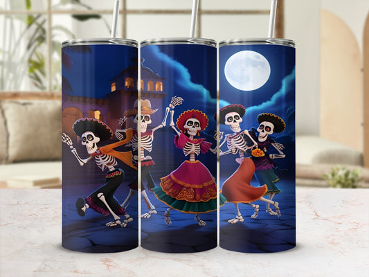 Three skeletons in colorful Dia de los Muertos attire dance under a full moon.