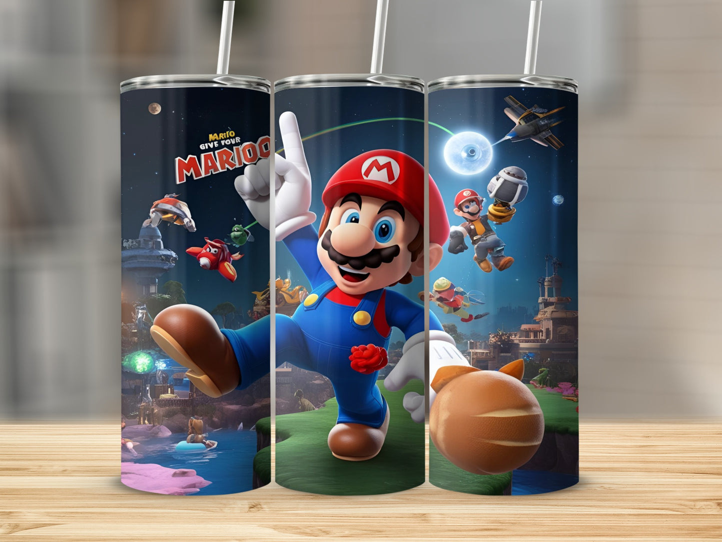 Super Mario character in action with Mushroom Kingdom landscape.