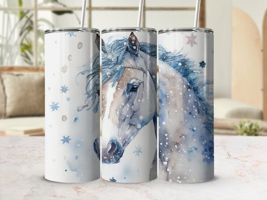 Watercolor horse with snowflakes on a white tumbler.