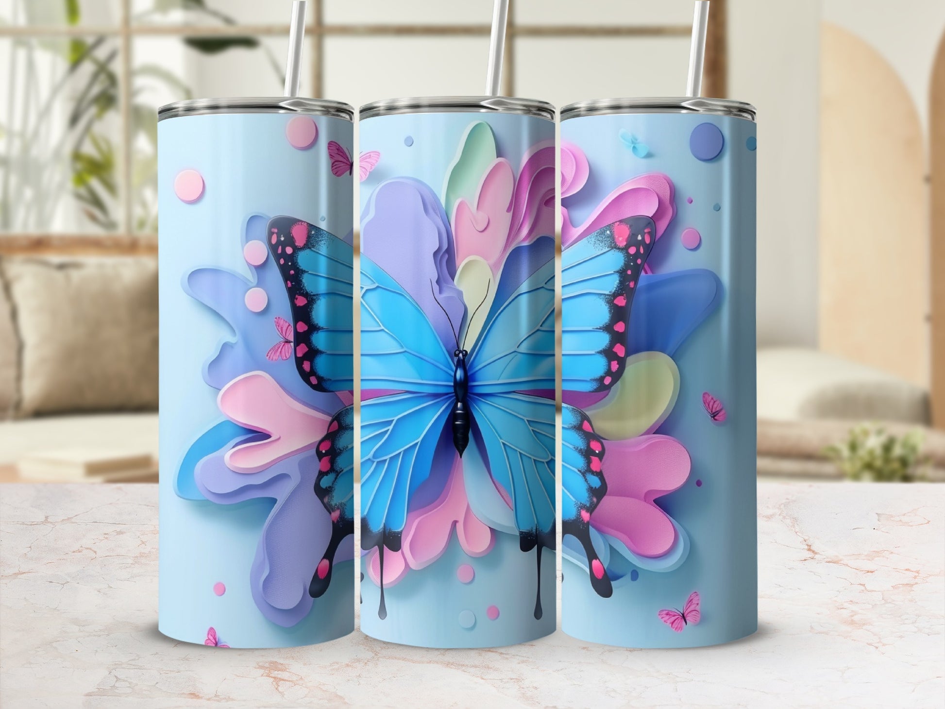 Light blue tumbler with a large blue butterfly and pastel floral accents.