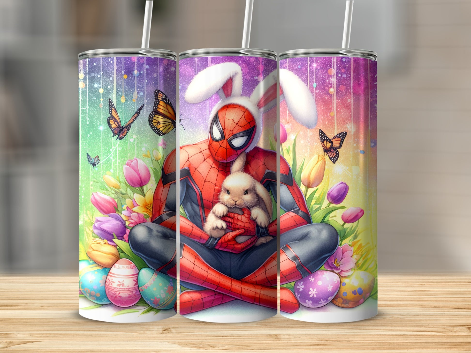 Easter Bunny Spiderman with Tulips and Eggs Tumbler