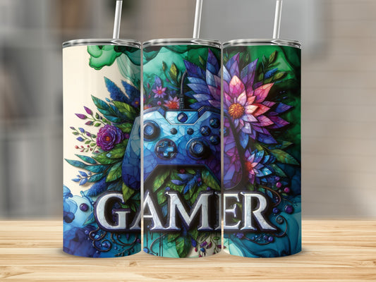 Gamer tumbler with blue controller and floral watercolor design.