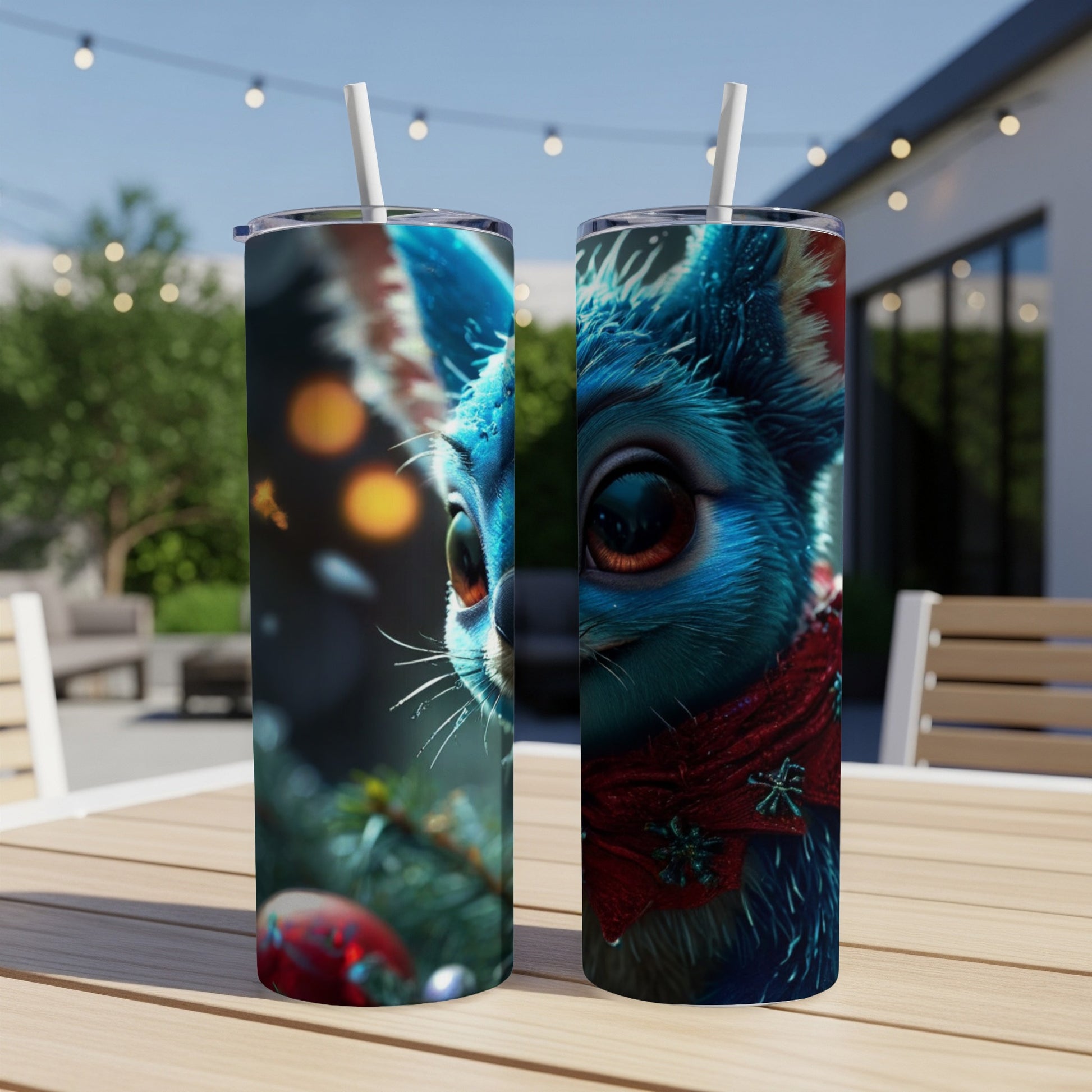 Blue cartoon character with large eyes and red scarf on a tumbler.