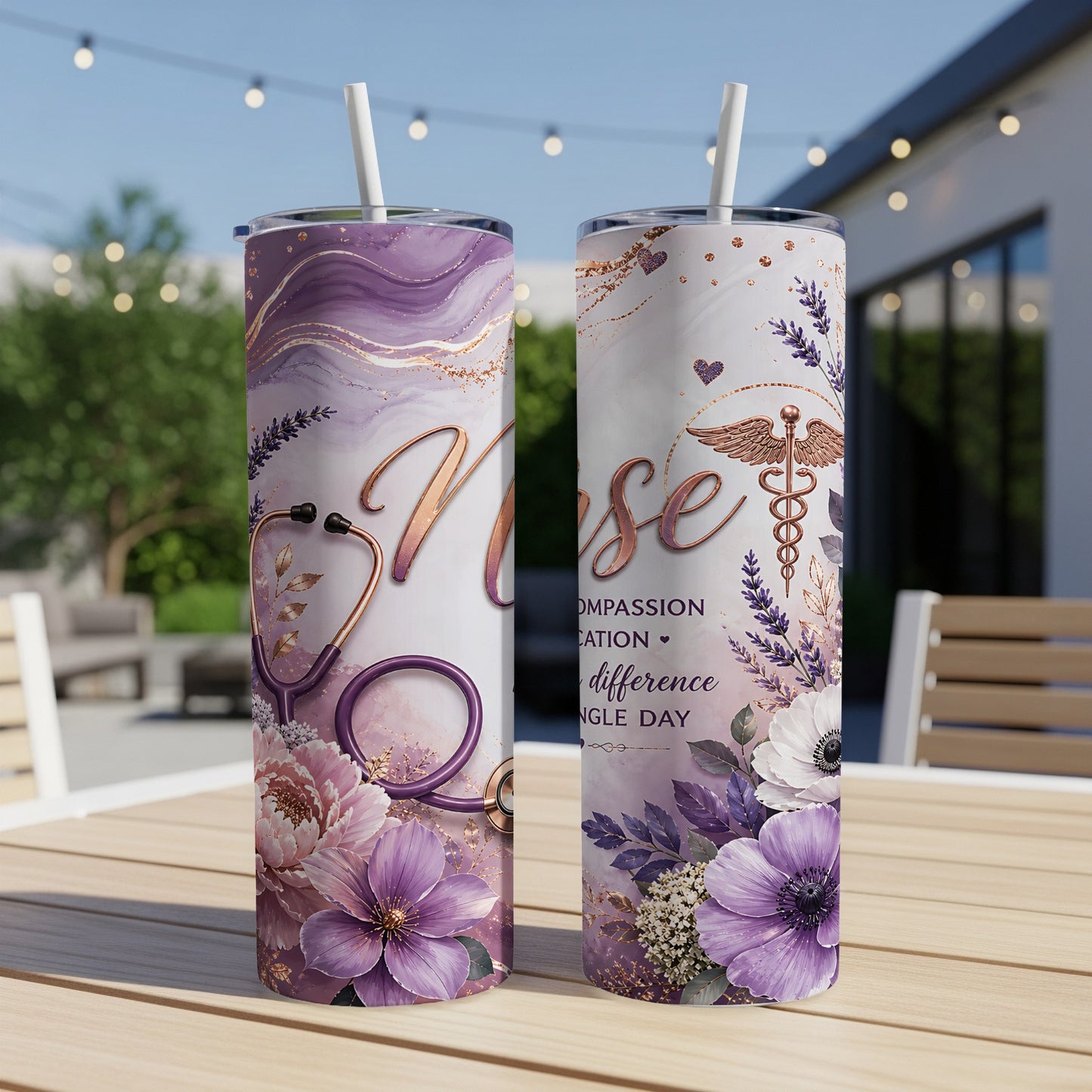 Purple floral nurse tumbler with stethoscope and caduceus.