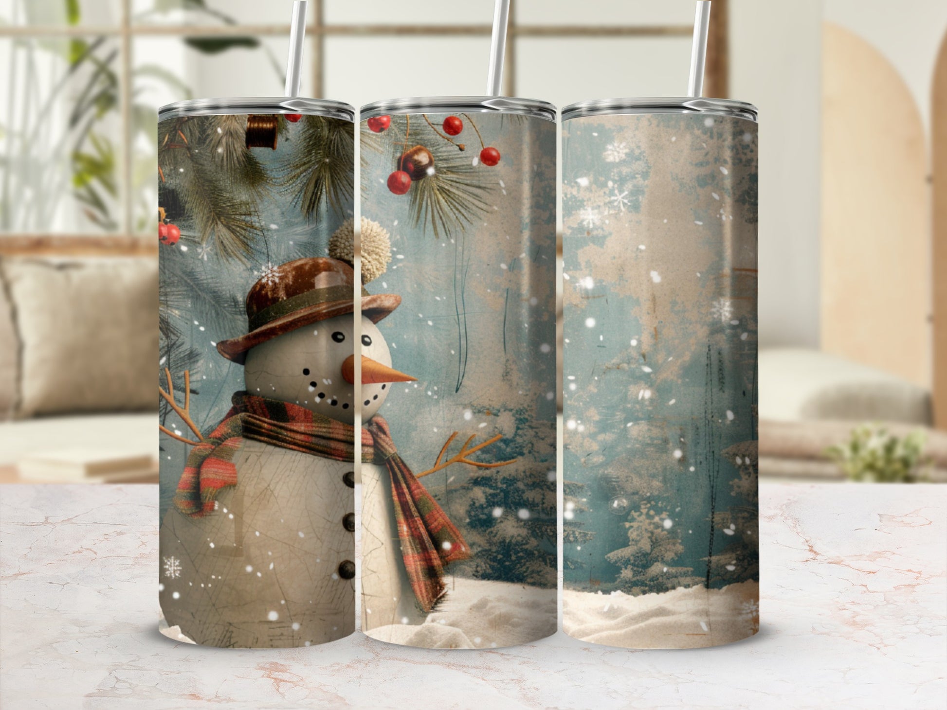 Snowman with brown hat and scarf on a textured blue and white background.
