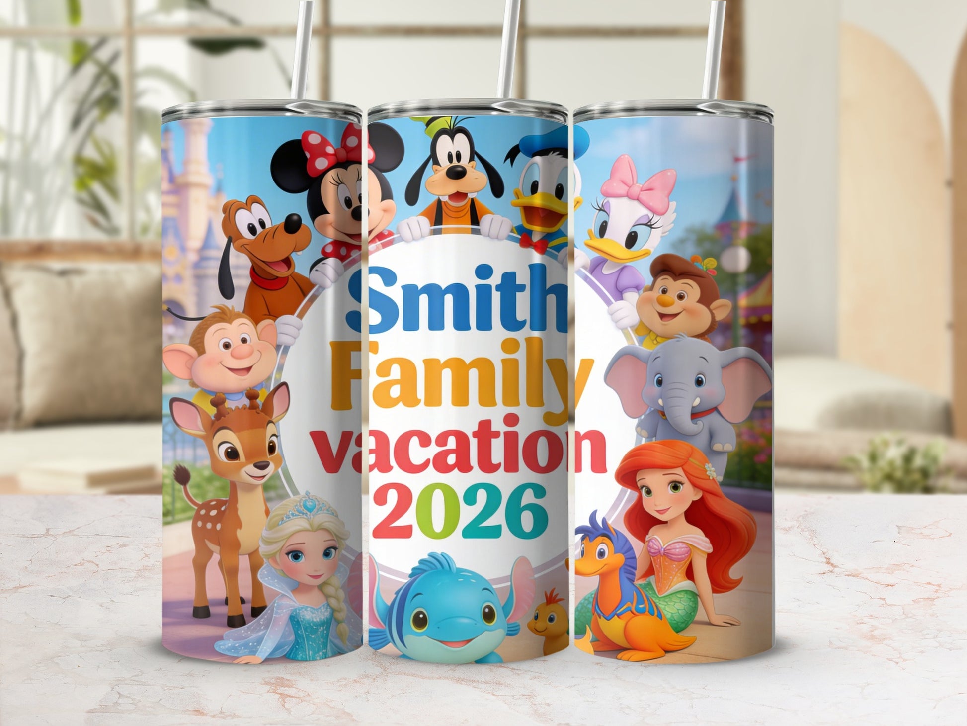 Disney characters surround "Smith Family Vacation 2026" text on a tumbler.