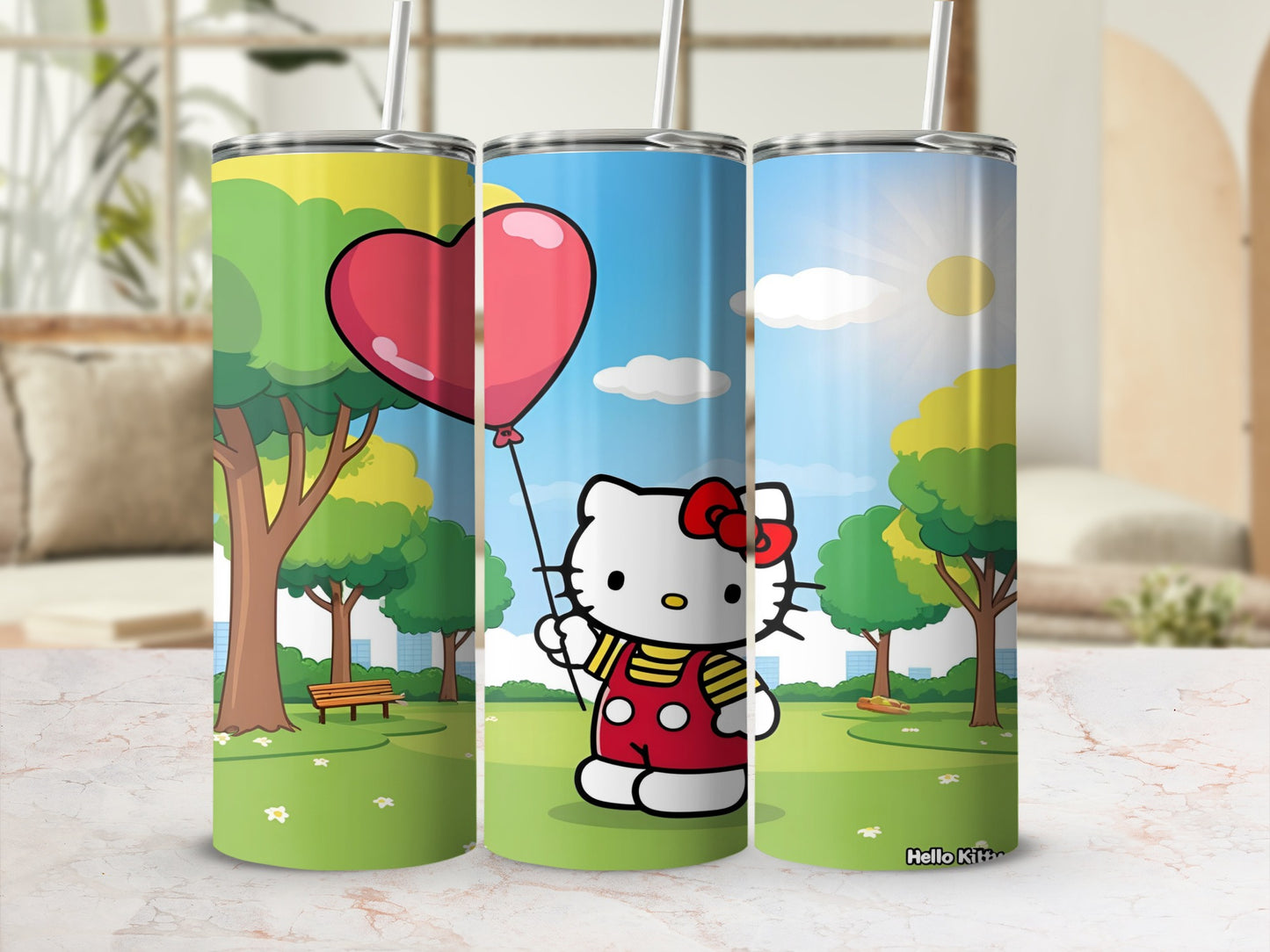 Hello Kitty with heart balloon in park, standing on grass.