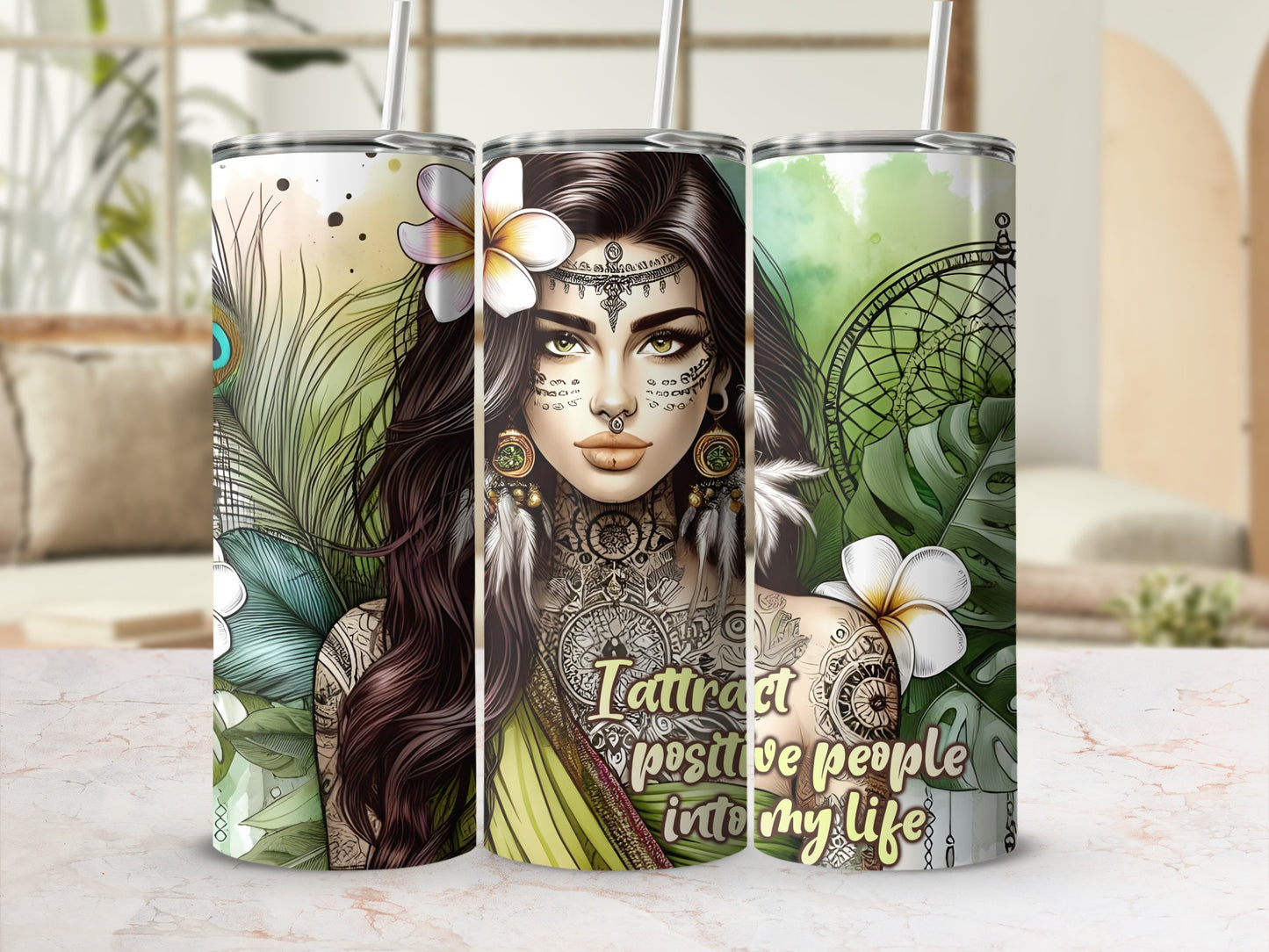 Woman with tattoos and flowers on a tumbler with text "Attract positive people into my life."
