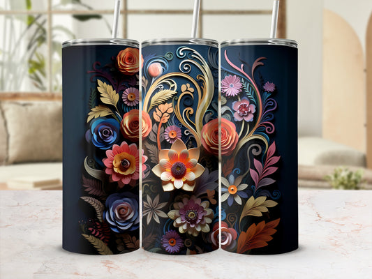 Three tumblers with ornate floral designs in vibrant colors.