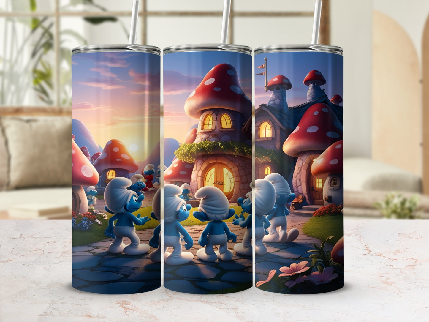 Smurfs in mushroom village under sunset sky.