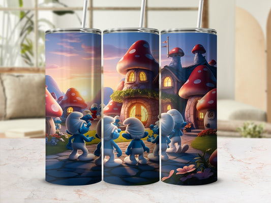 Smurfs in mushroom village under sunset sky.
