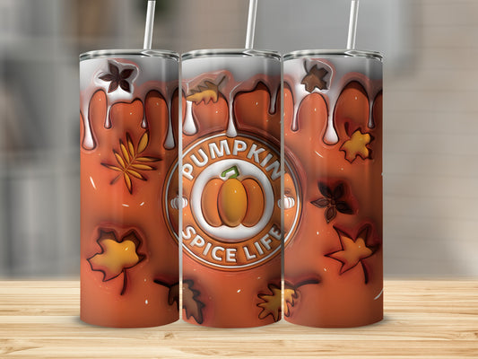 Orange tumbler with "Pumpkin Spice Life" text and autumn leaves.