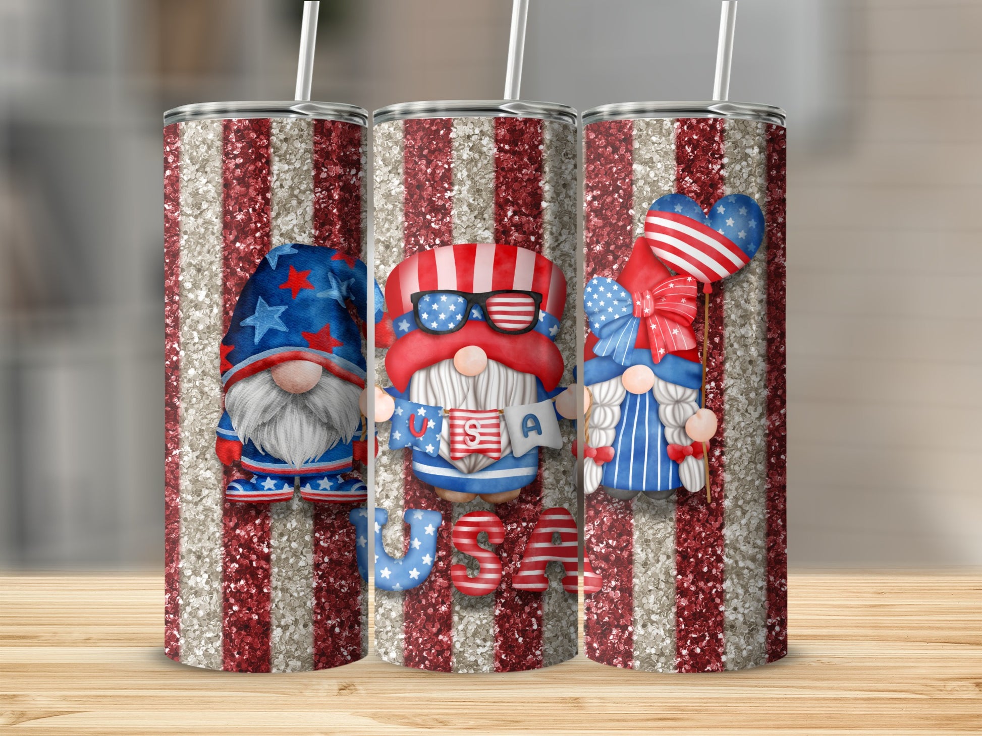Three patriotic gnomes with USA text on sparkly red and white striped tumblers.